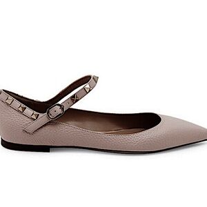 Valentino Garavani Pebbled Calfskin Rockstud Flats with Mary Jane Strap